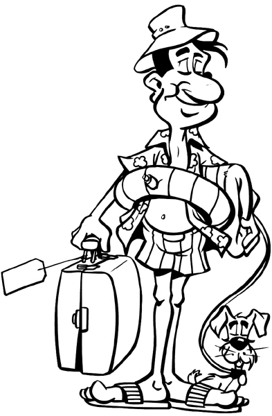 Man with dog, suitcase and inner tube vinyl sticker. Customize on line. Vacations Trips Attractions 051-0184